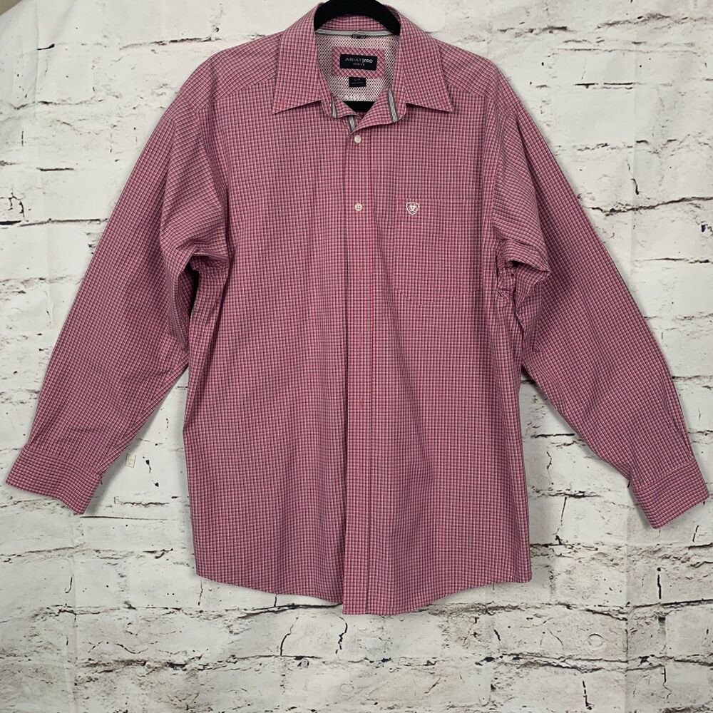 Ariat Pro Series Mens Shirt Large Pink Gray Plaid Button Down Western Cowboy